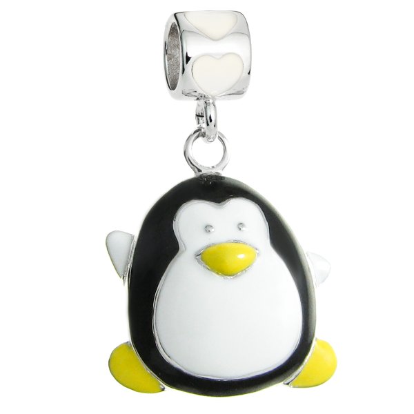 Rhodium on Sterling Silver Lovely Penguin White Black Yellow Enamel Dangle Bead for European Charm Bracelet