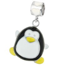 Rhodium on Sterling Silver Lovely Penguin White Black Yellow Enamel Dangle Bead for European Charm Bracelet