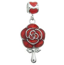 Rhodium on Sterling Silver Love Rose Flower Mirror Red Enamel Dangle Bead for European Charm Bracelet