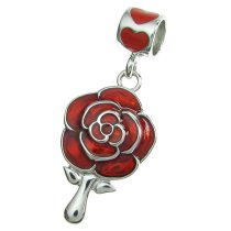 Rhodium on Sterling Silver Love Rose Flower Mirror Red Enamel Dangle Bead for European Charm Bracelet