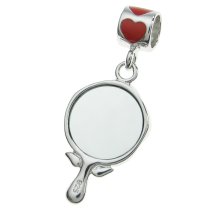 Rhodium on Sterling Silver Love Rose Flower Mirror Red Enamel Dangle Bead for European Charm Bracelet