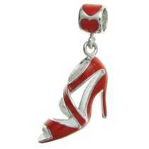 Rhodium on Sterling Silver High Heel Shoe Red Enamel Dangle Bead for European Charm Bracelet