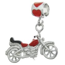 Rhodium on Sterling Silver Motorbike Red Enamel Dangle Pendant Bead for European Charm Bracelet