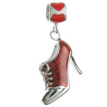 Rhodium on Sterling Silver Lace-up High Heel Shoe Red Enamel Dangle Bead for European Charm Bracelet