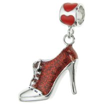 Rhodium on Sterling Silver Lace-up High Heel Shoe Red Enamel Dangle Bead for European Charm Bracelet