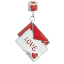 Rhodium on Sterling Silver Valentine Love Letter Mail Red White Enamel Dangle Bead for European Charm Bracelet