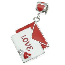 Rhodium on Sterling Silver Valentine Love Letter Mail Red White Enamel Dangle Bead for European Charm Bracelet
