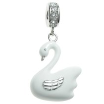 Rhodium on Sterling Silver Lovely White Swan Enamel Dangle Bead for European Charm Bracelet Made with Swarovski Elements Crystal