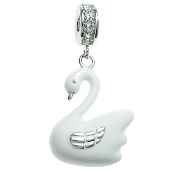 Rhodium on Sterling Silver Lovely White Swan Enamel Dangle Bead for European Charm Bracelet Made with Swarovski Elements Crystal