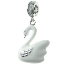 Rhodium on Sterling Silver Lovely White Swan Enamel Dangle Bead for European Charm Bracelet Made with Swarovski Elements Crystal