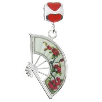 Rhodium on Sterling Silver Chinese Style Flower Fan Love Red Enamel Dangle Bead for European Charm Bracelet