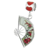 Rhodium on Sterling Silver Chinese Style Flower Fan Love Red Enamel Dangle Bead for European Charm Bracelet