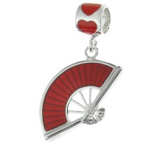 Rhodium on Sterling Silver Chinese Style Flower Fan Love Red Enamel Dangle Bead for European Charm Bracelet