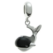 Rhodium on 925 Sterling Silver Ocean Whale Black White Enamel Dangle Bead for European Charm Bracelet Made with Swarovski Elements Crystal