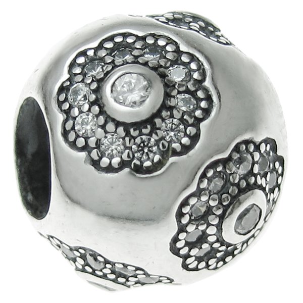 Antique 925 Sterling Silver Flower Clear CZ Crystal Round Bead for European Charm Bracelets