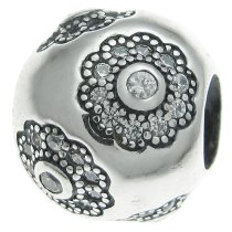 Antique 925 Sterling Silver Flower Clear CZ Crystal Round Bead for European Charm Bracelets