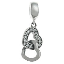 Antique 925 Sterling Silver Double Love Heart Clear CZ Crystal Dangle Bead for European Charm Bracelets