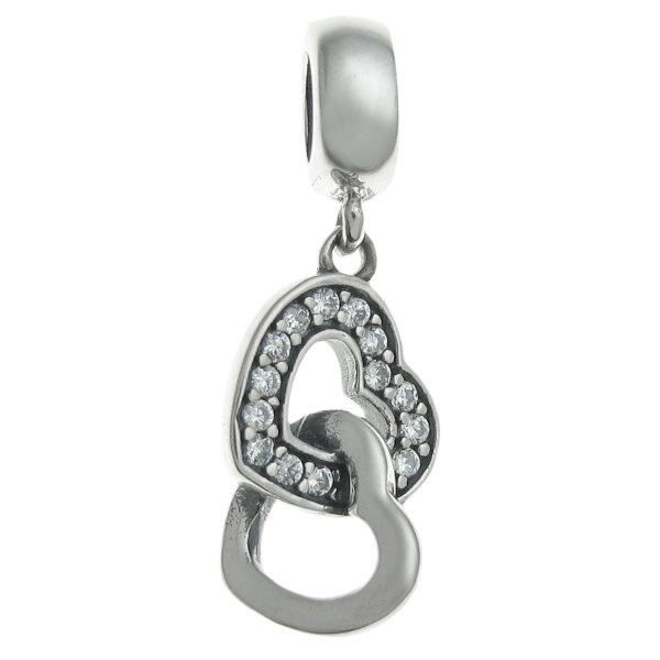 Antique 925 Sterling Silver Double Love Heart Clear CZ Crystal Dangle Bead for European Charm Bracelets