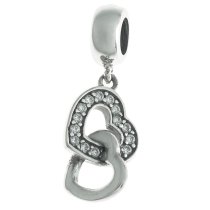 Antique 925 Sterling Silver Double Love Heart Clear CZ Crystal Dangle Bead for European Charm Bracelets