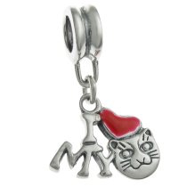 Antique 925 Sterling Silver I Love My Cat Red Enamel Heart Dangle Bead for European Charm Bracelets