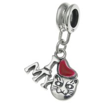 Antique 925 Sterling Silver I Love My Cat Red Enamel Heart Dangle Bead for European Charm Bracelets