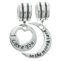 925 Sterling Silver ″I Love You to the Moon & Back″ Dangle Bead for European Charm Bracelets
