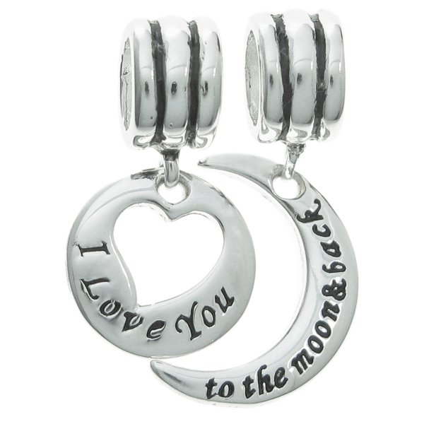 925 Sterling Silver "I Love You to the Moon & Back" Dangle Bead for European Charm Bracelets