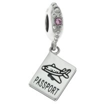 .925 Sterling Silver Plane Travel Passport Dangle Pink CZ Crystal Bead for European Charm Bracelets