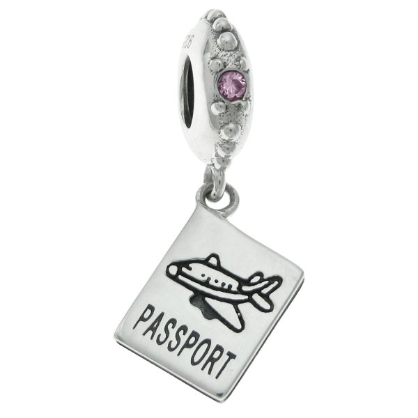 .925 Sterling Silver Plane Travel Passport Dangle Pink CZ Crystal Bead for European Charm Bracelets