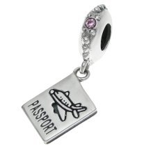 .925 Sterling Silver Plane Travel Passport Dangle Pink CZ Crystal Bead for European Charm Bracelets