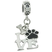 925 Sterling Silver Love Dog Puppy Footprint Bone Black Enamel Dangle Bead for European Charm Bracelets