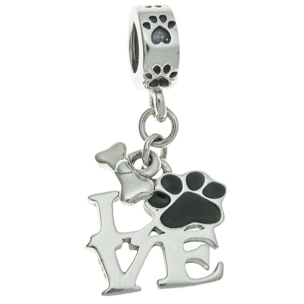 925 Sterling Silver Love Dog Puppy Footprint Bone Black Enamel Dangle Bead for European Charm Bracelets