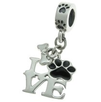 925 Sterling Silver Love Dog Puppy Footprint Bone Black Enamel Dangle Bead for European Charm Bracelets