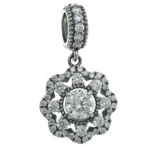 925 Sterling Silver Spring Flower Clear CZ Crystal Dangle Pendant Bead for European Charm Bracelets
