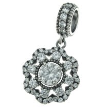 925 Sterling Silver Spring Flower Clear CZ Crystal Dangle Pendant Bead for European Charm Bracelets