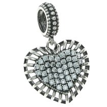 925 Sterling Silver Valentine Love Heart Clear CZ Crystal Dangle Pendant Bead for European Charm Bracelets