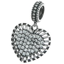 925 Sterling Silver Valentine Love Heart Clear CZ Crystal Dangle Pendant Bead for European Charm Bracelets
