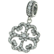 925 Sterling Silver Lucky 4 Heart Leaf Clover Flower Clear CZ Crystal Dangle Pendant Bead for European Charm Bracelets