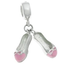 925 Sterling Silver Girl Bow Shoes Pink Enamel Dangle Bead for European Charm Bracelets