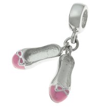 925 Sterling Silver Girl Bow Shoes Pink Enamel Dangle Bead for European Charm Bracelets