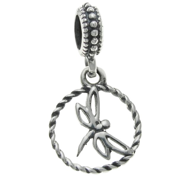 925 Sterling Silver Bali Dragonfly Round Dangle Bead for European Charm Bracelets