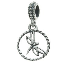 925 Sterling Silver Bali Dragonfly Round Dangle Bead for European Charm Bracelets