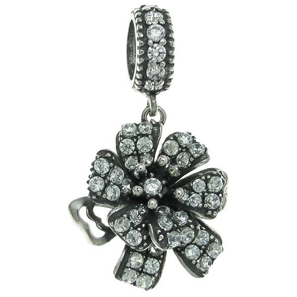 925 Sterling Silver Mother's Flower Corsage Clear CZ Crystal Dangle Bead for European Charm Bracelets