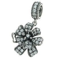 925 Sterling Silver Mother's Flower Corsage Clear CZ Crystal Dangle Bead for European Charm Bracelets