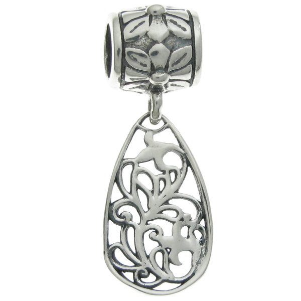 925 Sterling Silver Filigree Leaf Flower Teardrop Dangle Bead for European Charm Bracelets