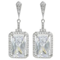 2x Rhodium on 925 Sterling Silver Rectangle Clear CZ Crystal Dangle Charm Earring Stud Post