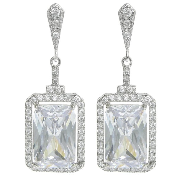 2x Rhodium on 925 Sterling Silver Rectangle Clear CZ Crystal Dangle Charm Earring Stud Post