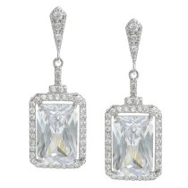 2x Rhodium on 925 Sterling Silver Rectangle Clear CZ Crystal Dangle Charm Earring Stud Post