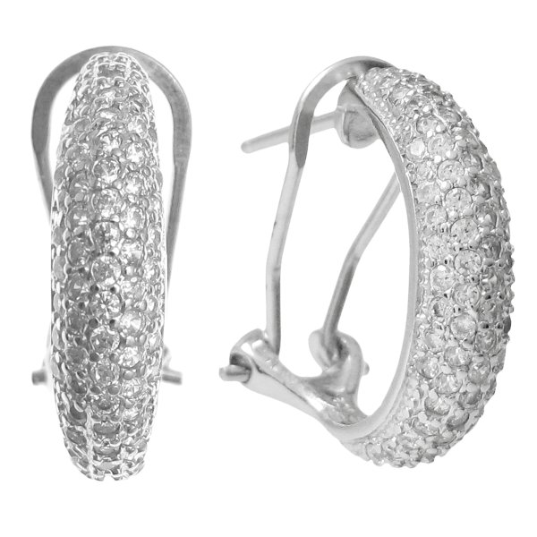 2x Rhodium on 925 Sterling Silver Clear CZ Crystal Omega Half Hoop Huggie Earrings Stud Post
