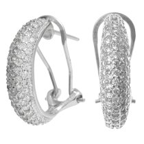 2x Rhodium on 925 Sterling Silver Clear CZ Crystal Omega Half Hoop Huggie Earrings Stud Post